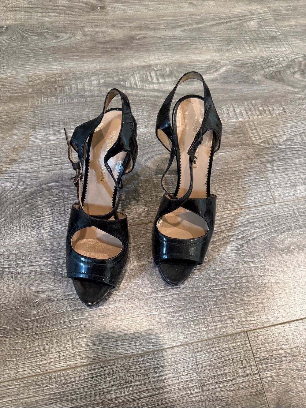 Emporio Armani Black Patent Leather Open-Toe Slingback Heels